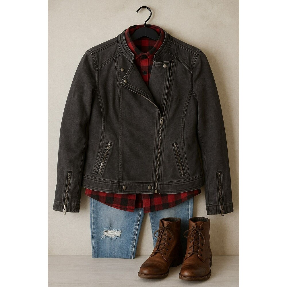 db Established 1962 Women’s XL Moto Jacket | Washed Black Denim Look, Zip Front,